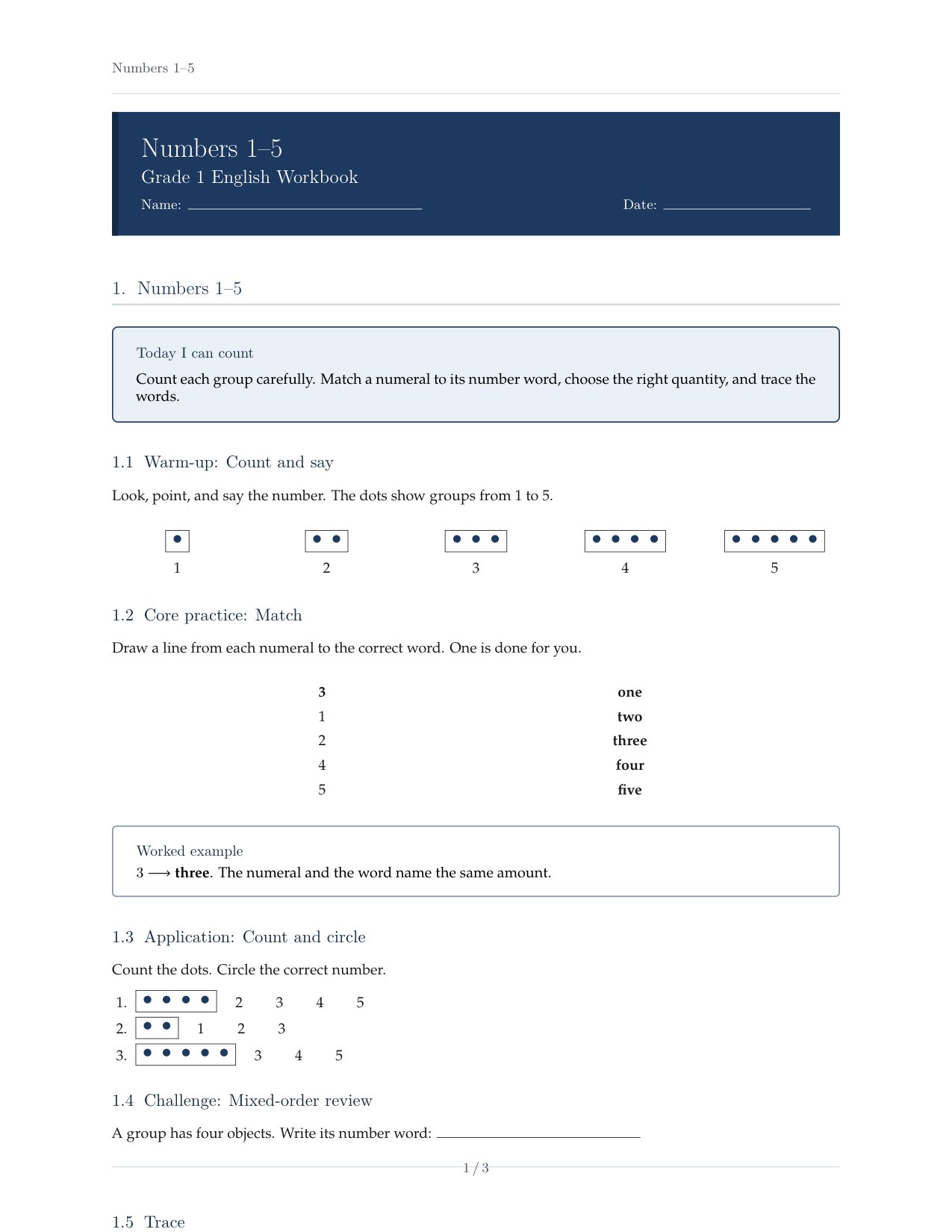 Numbers 1–5 Hello Review