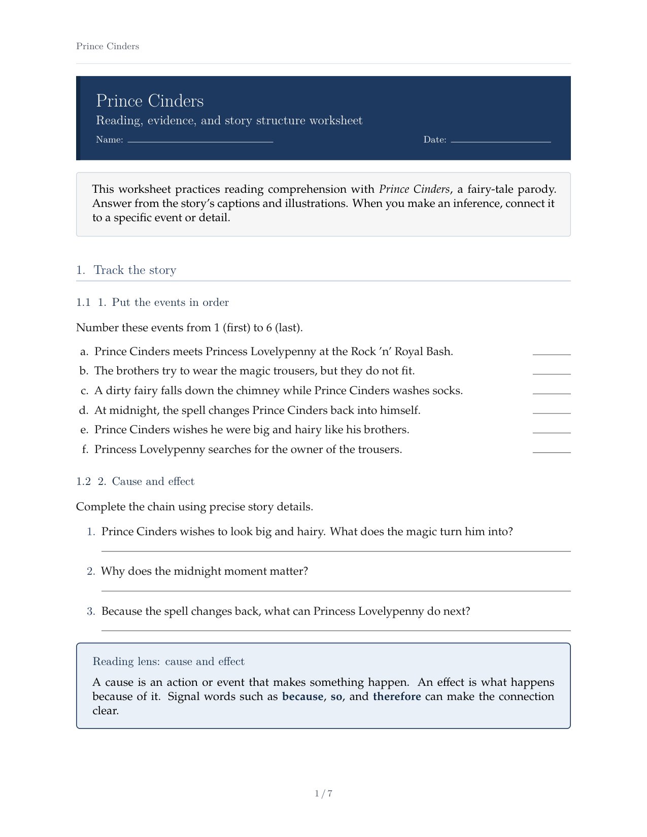 Prince Cinders Reading Worksheet