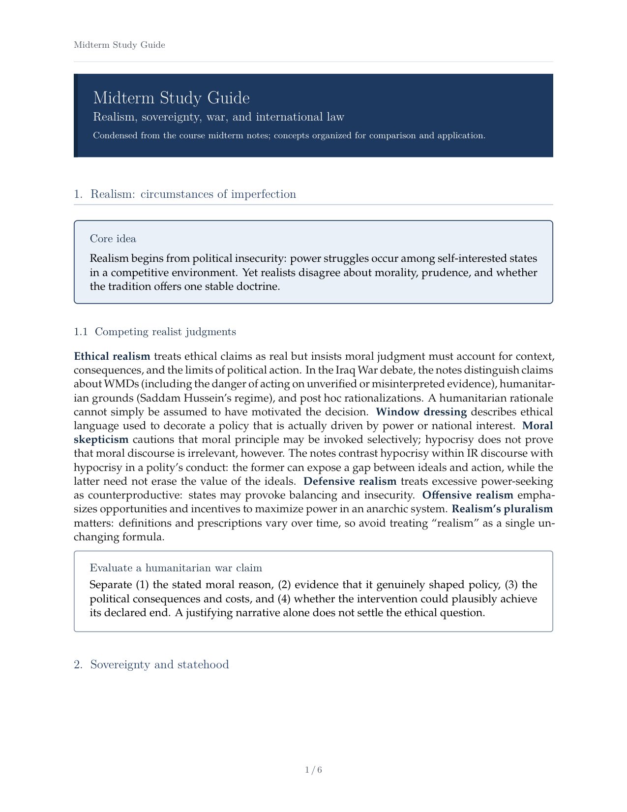 Midterm Study Guide Realism, Sovereignty, War, and International Law.pdf